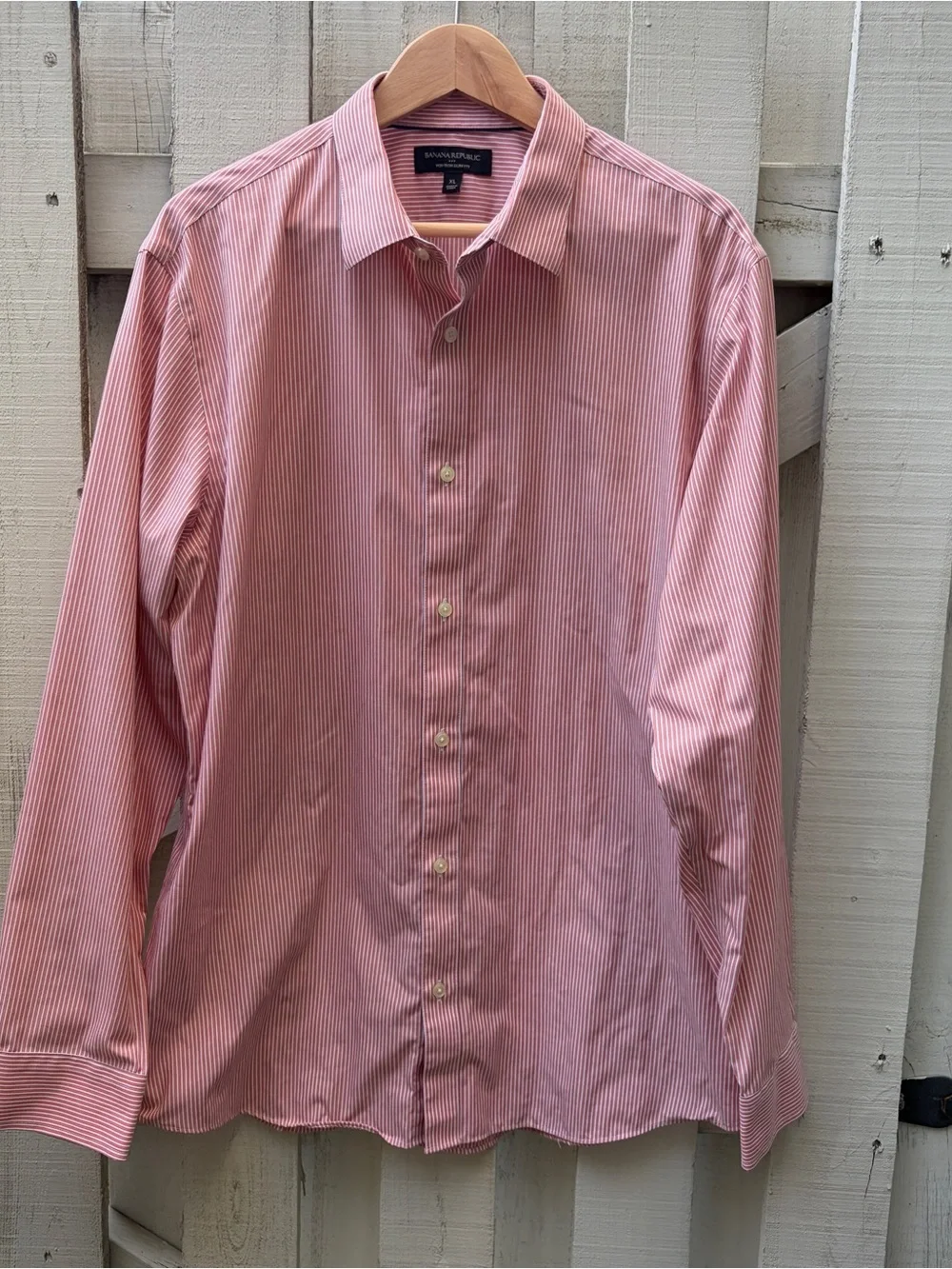 Banana Republic Men's Coral & White Striped Long Sleeve Dress Shirt